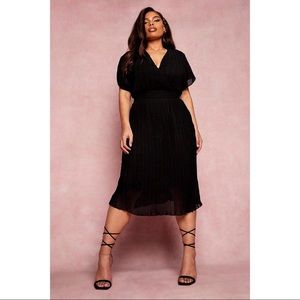 Boohoo Black Midi Faux Wrap Pleated Dress